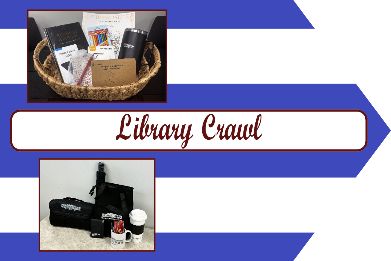 Library Crawl title with two photos of prize baskets.