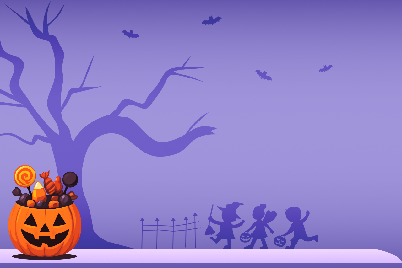Spooky illustration of a pumpkin filled with candy, bare tree, bats, and children walking along a path with candy buckets.