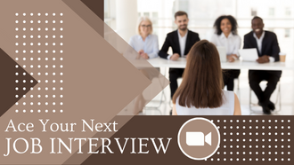 A large arrow shape points to a woman being interviewed for a job. Program title and the Zoom icon are at the bottom.