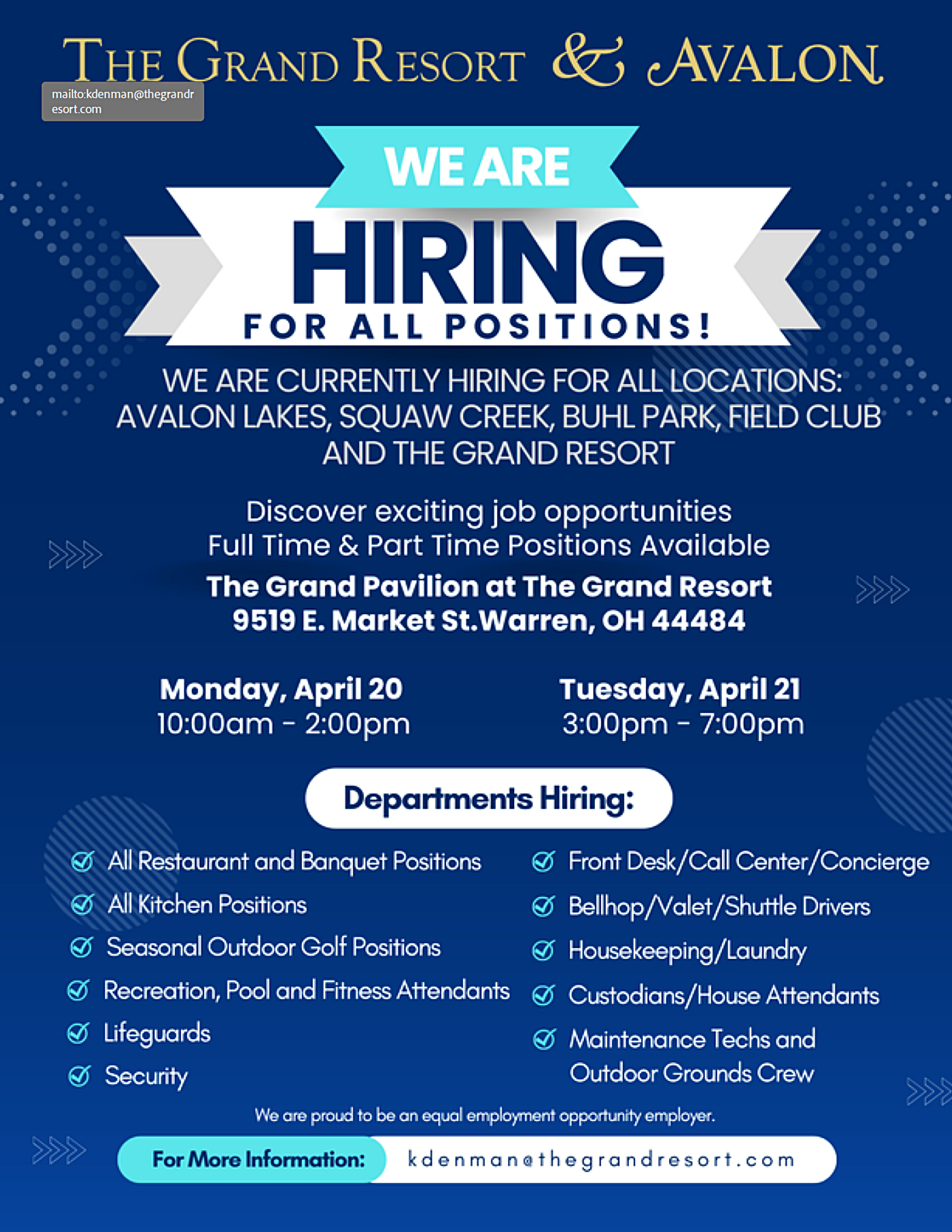 The Grand Resort & Avalon, Warren, Ohio Hiring Event, April 20 & April 21, 2026