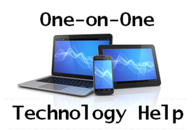 Text reads One-on-One Technology Help with a picture of computers