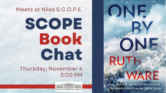 On the left is the location, title, and time and date of the program. On the right is the book cover for One by One.
