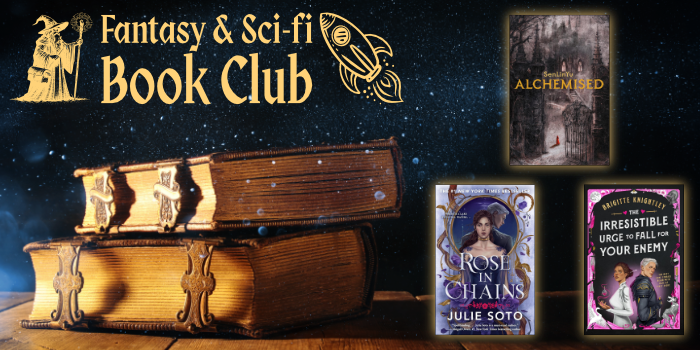 Fantasy & Sci–fi Book Club title with covers from three different books.