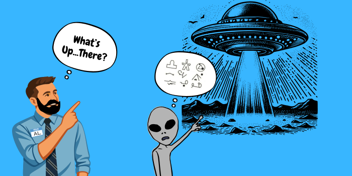 Illustration of a human male and an alien pointing at a U.F.O. Each with a thought bubble