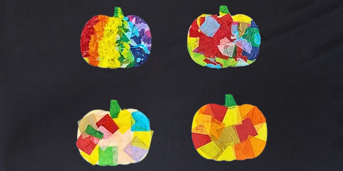Four pumpkin-shaped tissue paper Fall ornaments displayed against a black background.