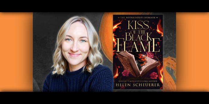 Headshot of Helen Scheuerer with book cover of Kiss of the Black Flame.