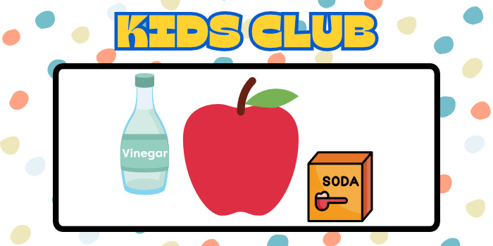 Illustration of vinegar, an apple, and a box of baking soda.