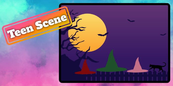 Illustration of a large moon behind tree branches.
