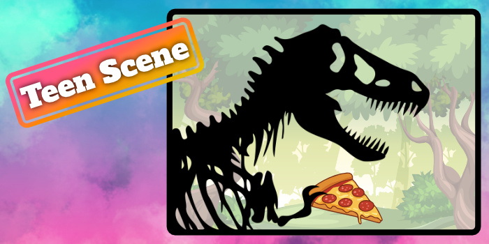 Dinosaur eating pizza.