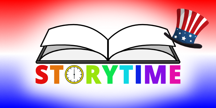 Storytime in large capital letters below the illusatration of an open book.