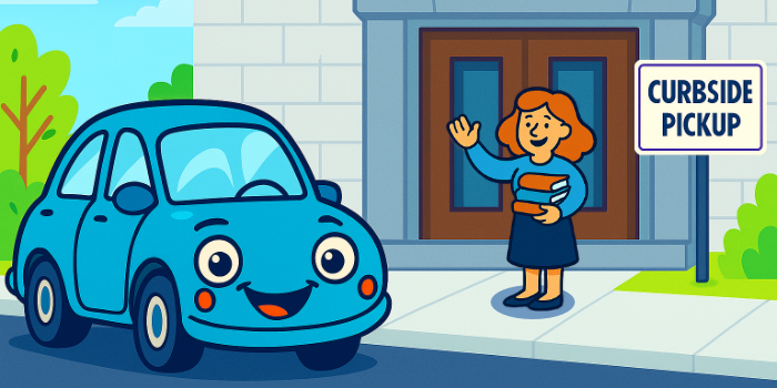A cartoon style illustration of a librarian carrying a stack of books toward a parked car.