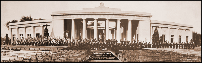 National McKinley Memorial exterior with the McKinley Club gathered in 1917 for dedication.