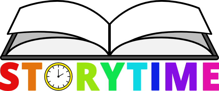 Illustration of an open book above the STORYTIME Logo Text