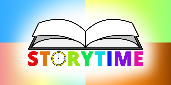 Storytime in large letters below an illustration of an open book.