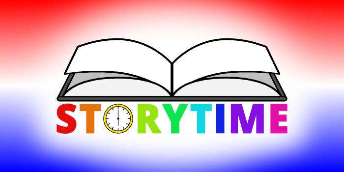 Storytime in large capital letters below the illusatration of an open book.