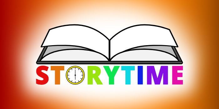 Storytime in large letters below an illustration of an open book.