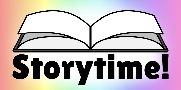 Storytime in large letters below an illustration of an open book.