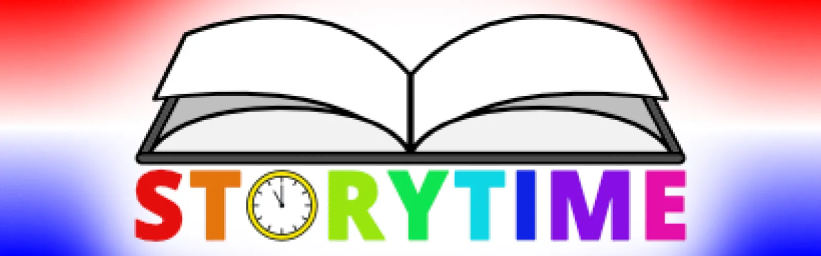 Storytime in large capital letters below the illusatration of an open book.