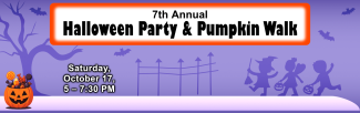 7th Annual Halloween Party & Pumpkin Walk with illustration of spooky tree, pumpkin, and kids walking.